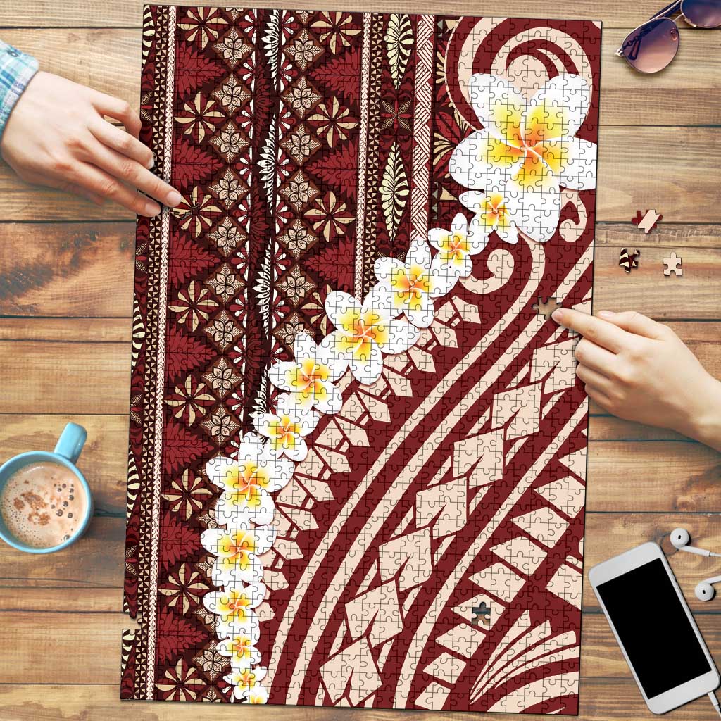 Red Vintage Tonga Ngatu Pattern With Plumeria Puzzle - Polynesian Pride