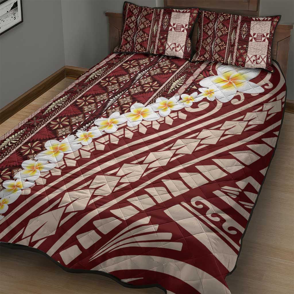 Red Vintage Tonga Ngatu Pattern With Plumeria Quilt Bed Set LT05 - Polynesian Pride
