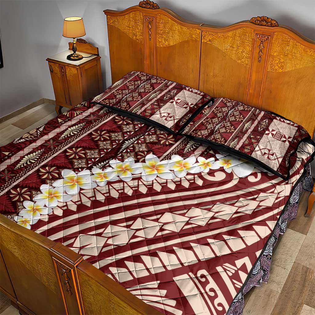Red Vintage Tonga Ngatu Pattern With Plumeria Quilt Bed Set LT05 - Polynesian Pride