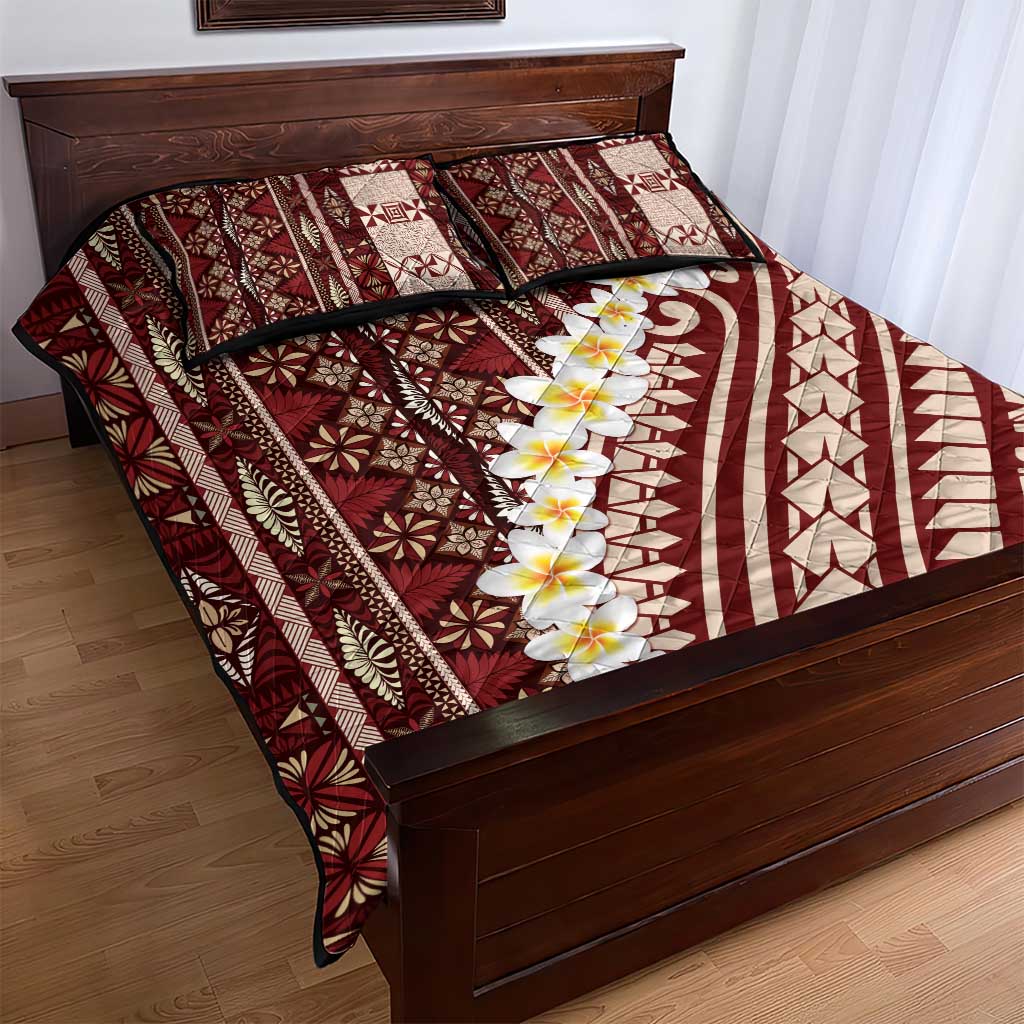 Red Vintage Tonga Ngatu Pattern With Plumeria Quilt Bed Set LT05 - Polynesian Pride