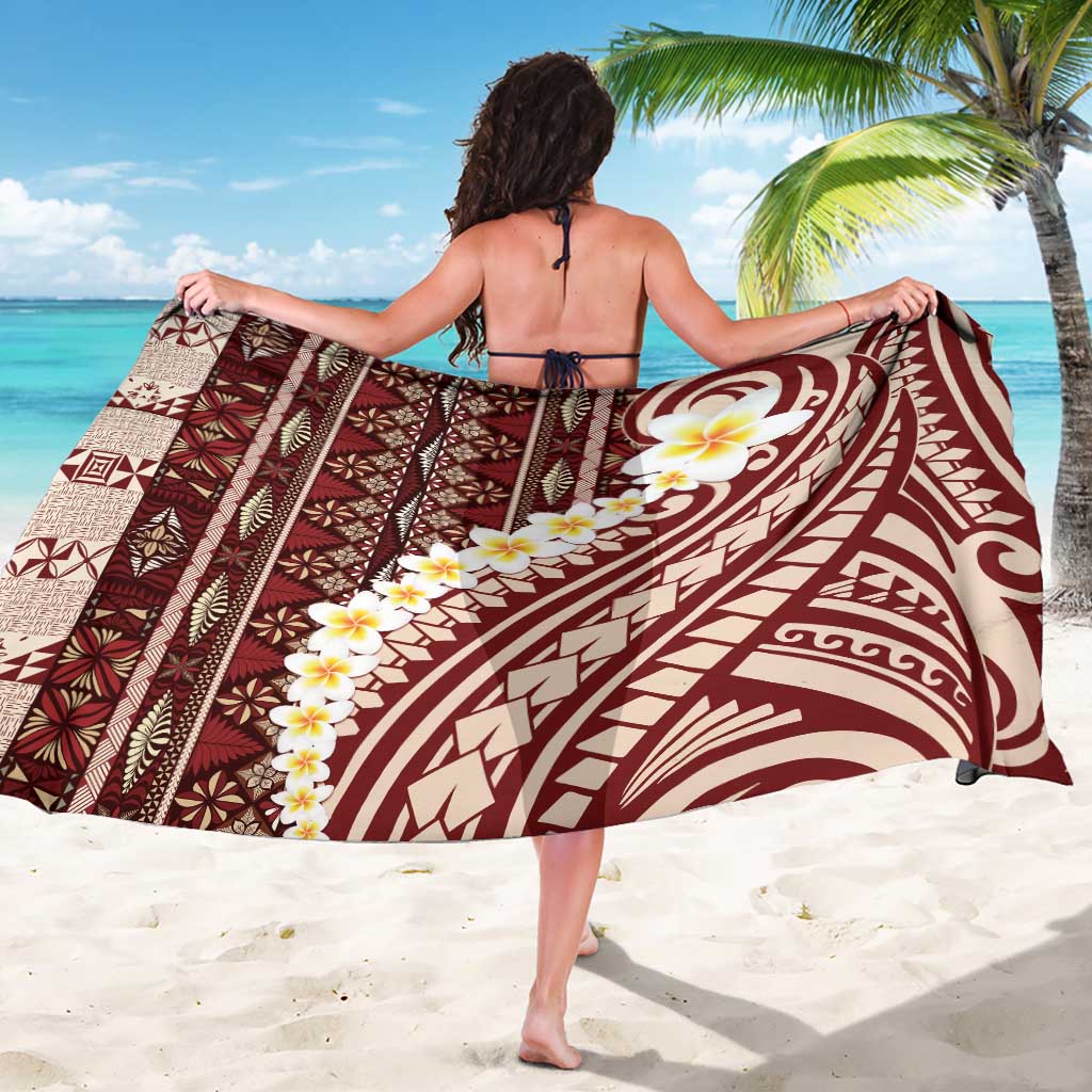 Red Vintage Tonga Ngatu Pattern With Plumeria Sarong LT05 - Polynesian Pride