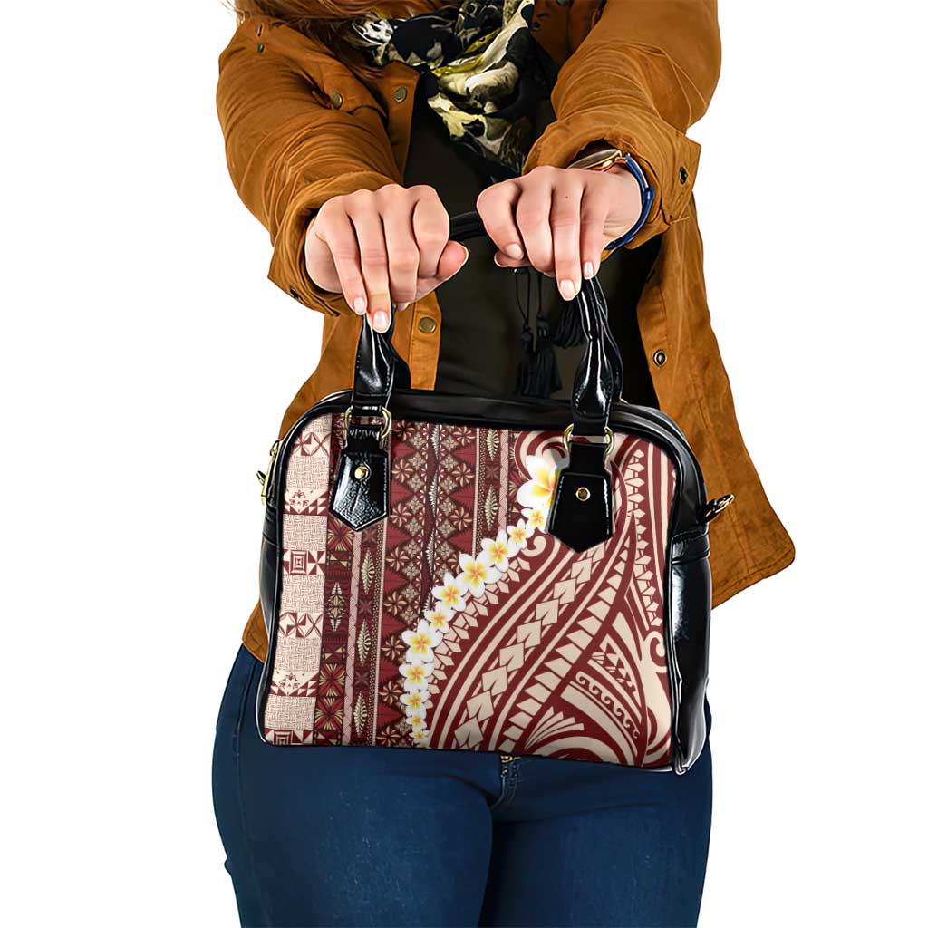 Red Vintage Tonga Ngatu Pattern With Plumeria Shoulder Handbag - Polynesian Pride