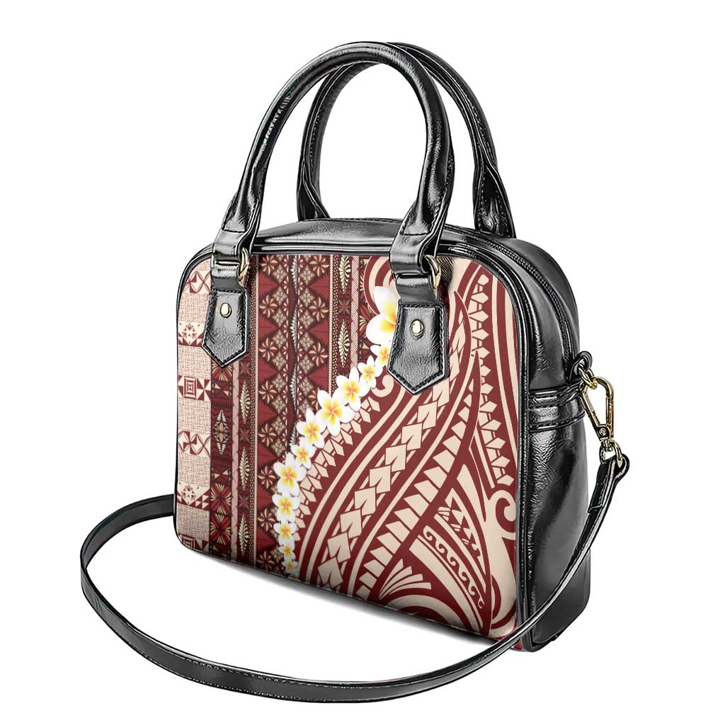 Red Vintage Tonga Ngatu Pattern With Plumeria Shoulder Handbag LT05 - Polynesian Pride