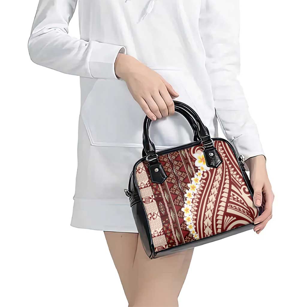 Red Vintage Tonga Ngatu Pattern With Plumeria Shoulder Handbag LT05 - Polynesian Pride