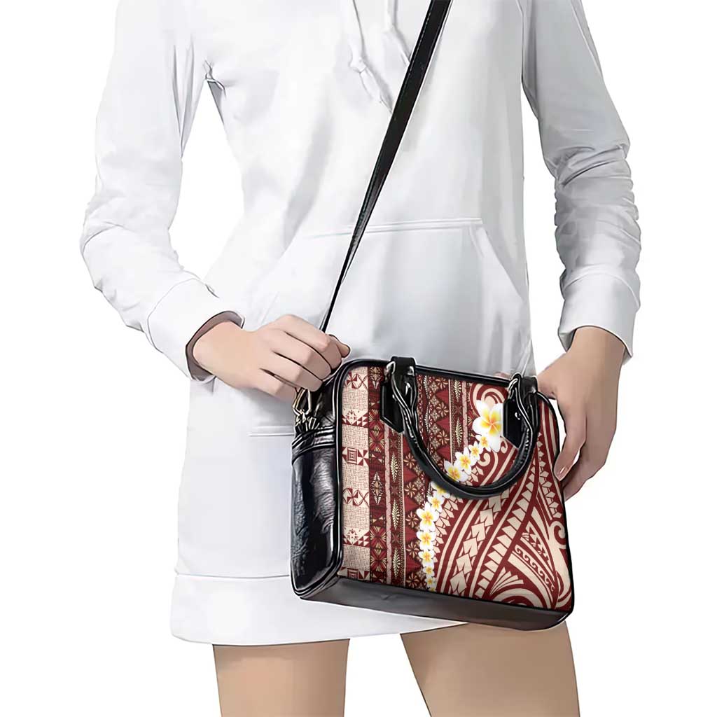 Red Vintage Tonga Ngatu Pattern With Plumeria Shoulder Handbag LT05 - Polynesian Pride