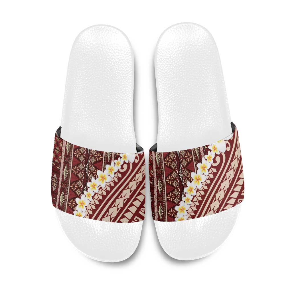 Red Vintage Tonga Ngatu Pattern With Plumeria Slide Sandals LT05 Red - Polynesian Pride