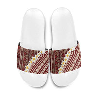 Red Vintage Tonga Ngatu Pattern With Plumeria Slide Sandals LT05 Red - Polynesian Pride