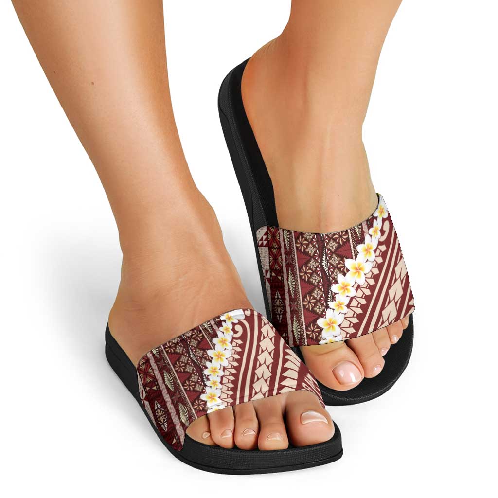 Red Vintage Tonga Ngatu Pattern With Plumeria Slide Sandals LT05 - Polynesian Pride