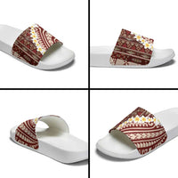 Red Vintage Tonga Ngatu Pattern With Plumeria Slide Sandals LT05 - Polynesian Pride