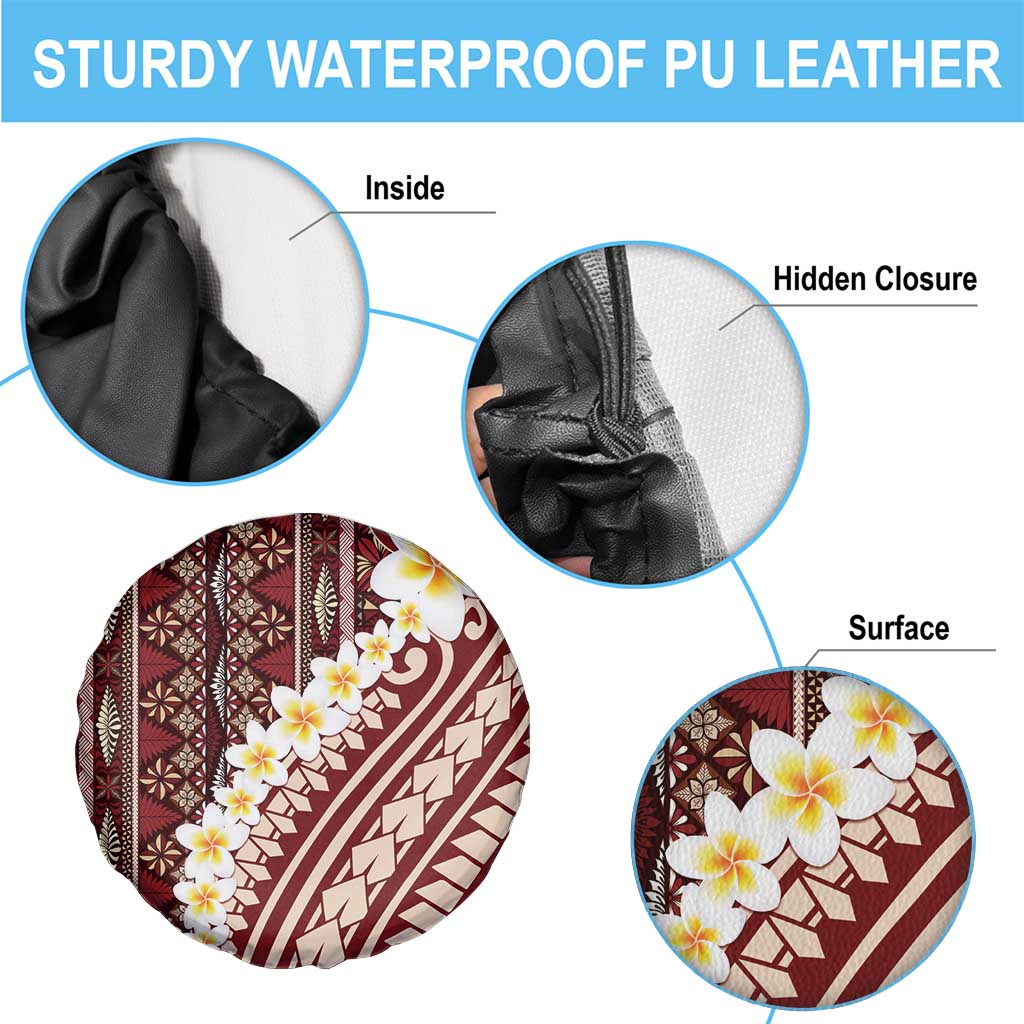Red Vintage Tonga Ngatu Pattern With Plumeria Spare Tire Cover - Polynesian Pride