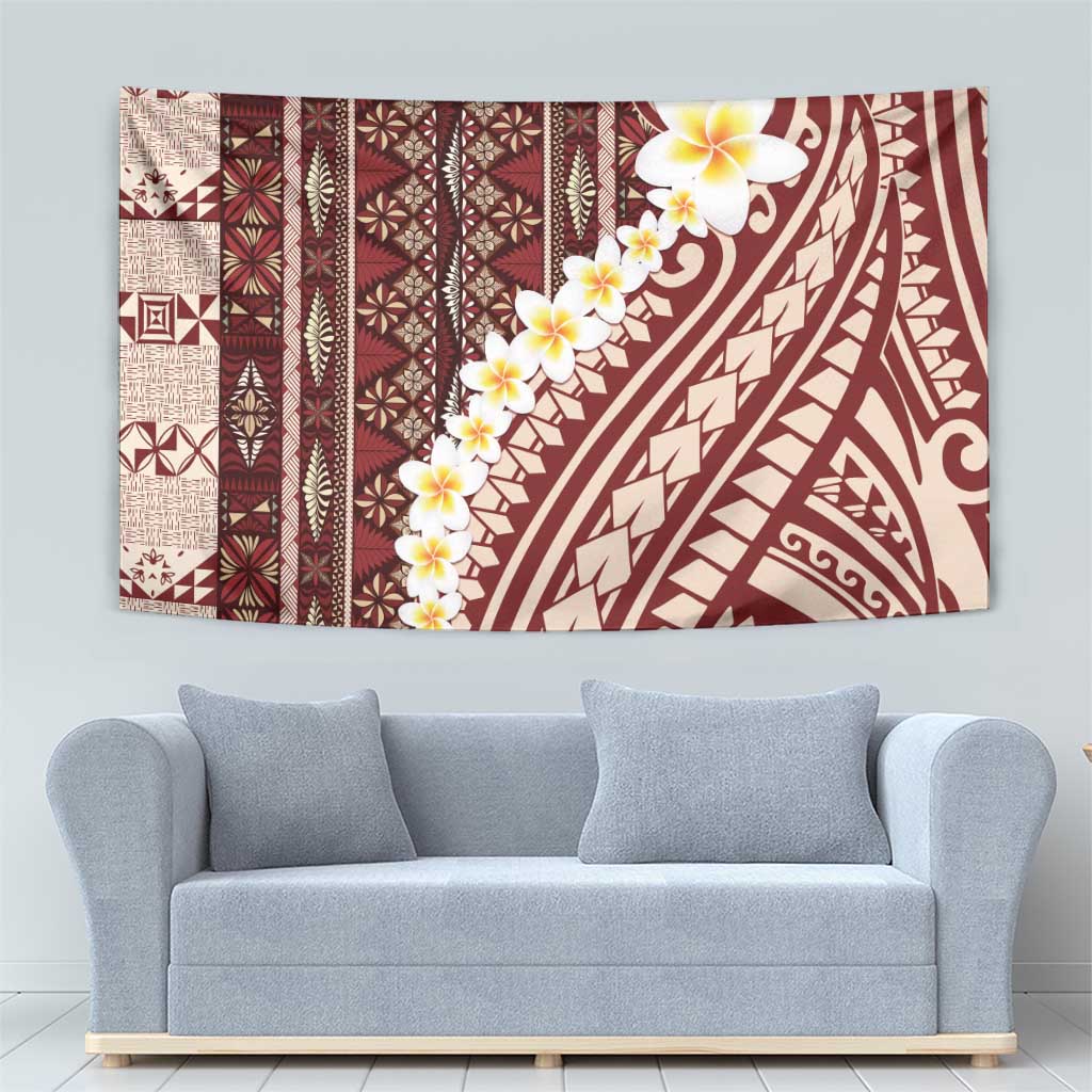 Red Vintage Tonga Ngatu Pattern With Plumeria Tapestry LT05 - Polynesian Pride