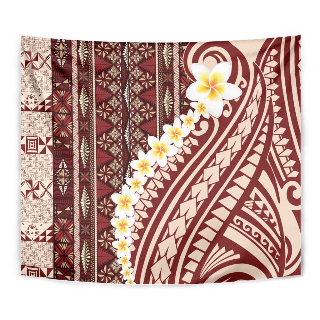 Red Vintage Tonga Ngatu Pattern With Plumeria Tapestry LT05 - Polynesian Pride
