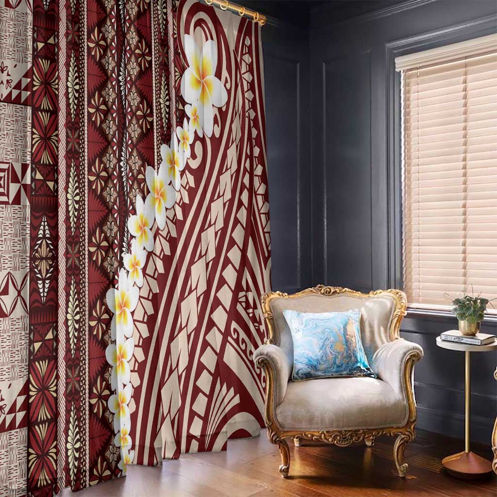 Red Vintage Tonga Ngatu Pattern With Plumeria Window Curtain LT05 - Polynesian Pride