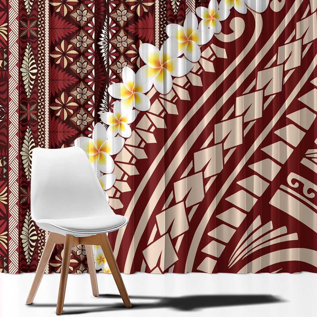 Red Vintage Tonga Ngatu Pattern With Plumeria Window Curtain LT05 - Polynesian Pride