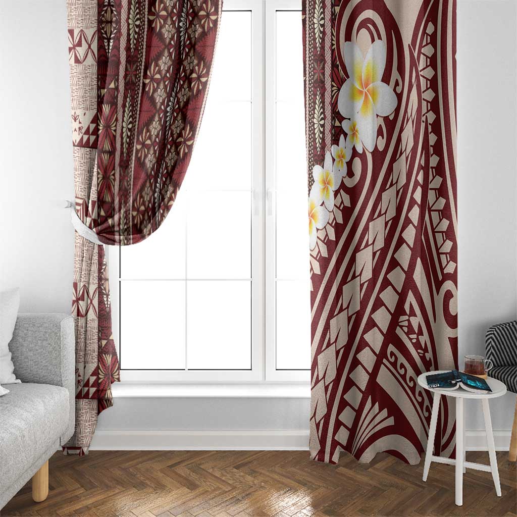 Red Vintage Tonga Ngatu Pattern With Plumeria Window Curtain LT05 - Polynesian Pride