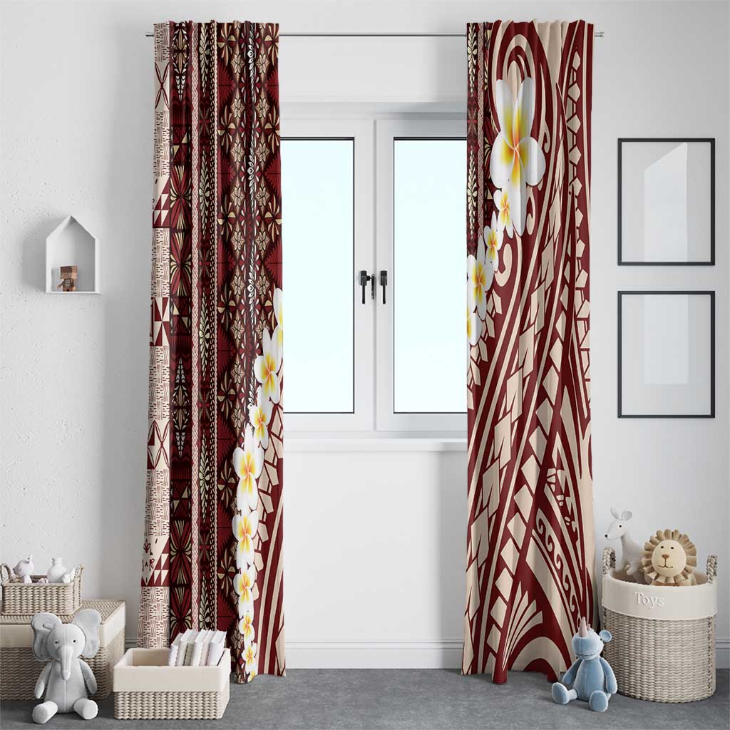 Red Vintage Tonga Ngatu Pattern With Plumeria Window Curtain LT05 - Polynesian Pride