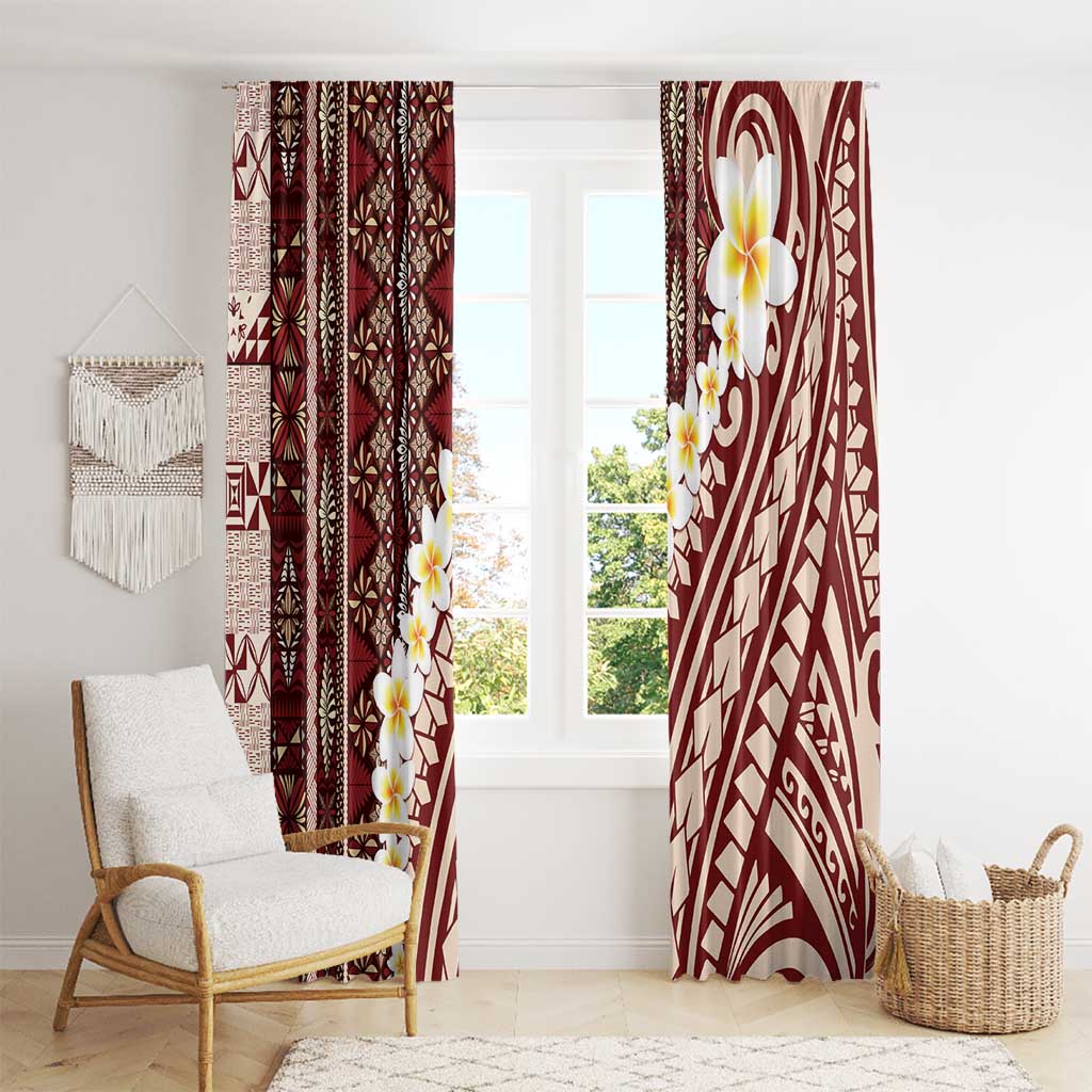 Red Vintage Tonga Ngatu Pattern With Plumeria Window Curtain LT05 - Polynesian Pride