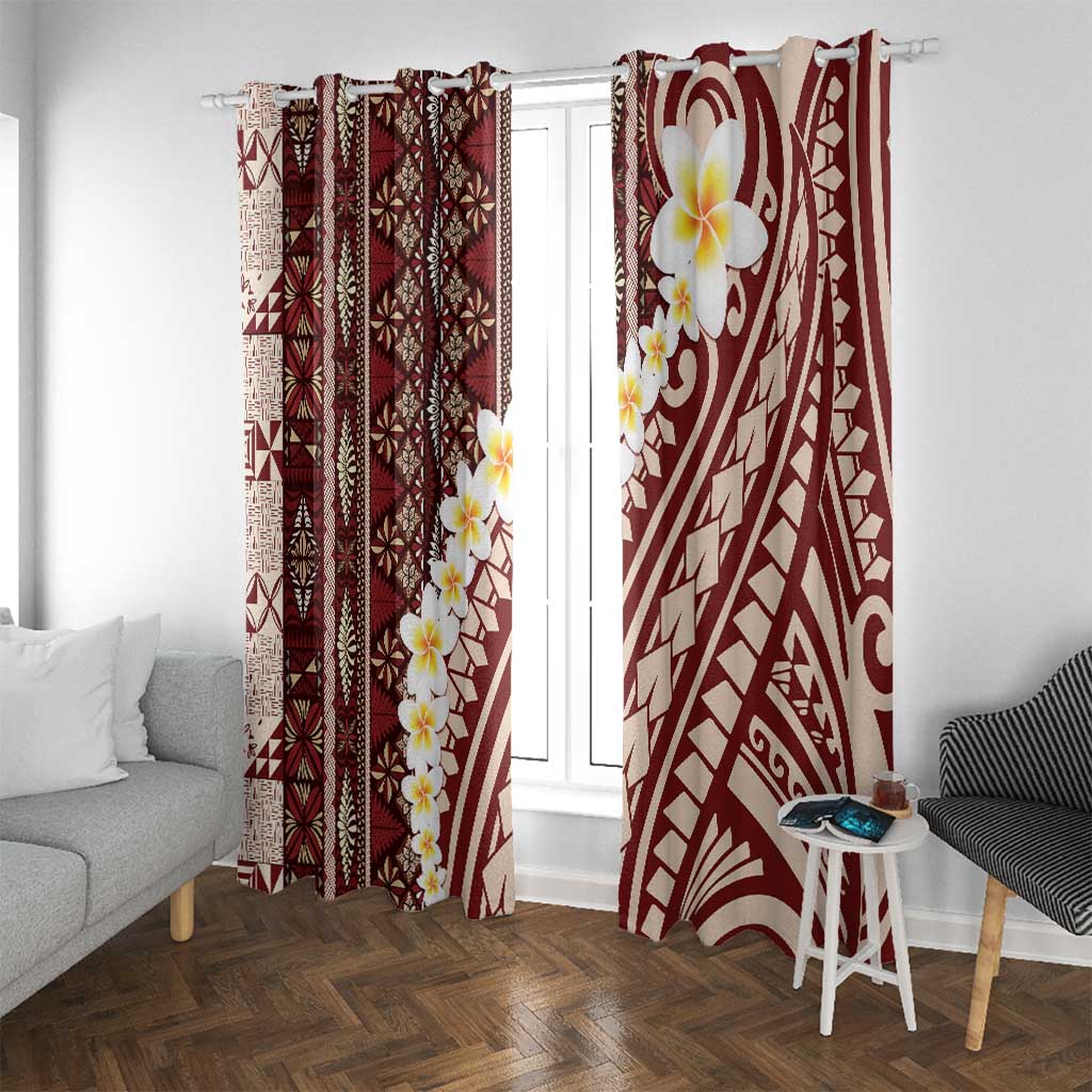 Red Vintage Tonga Ngatu Pattern With Plumeria Window Curtain LT05 With Grommets Red - Polynesian Pride