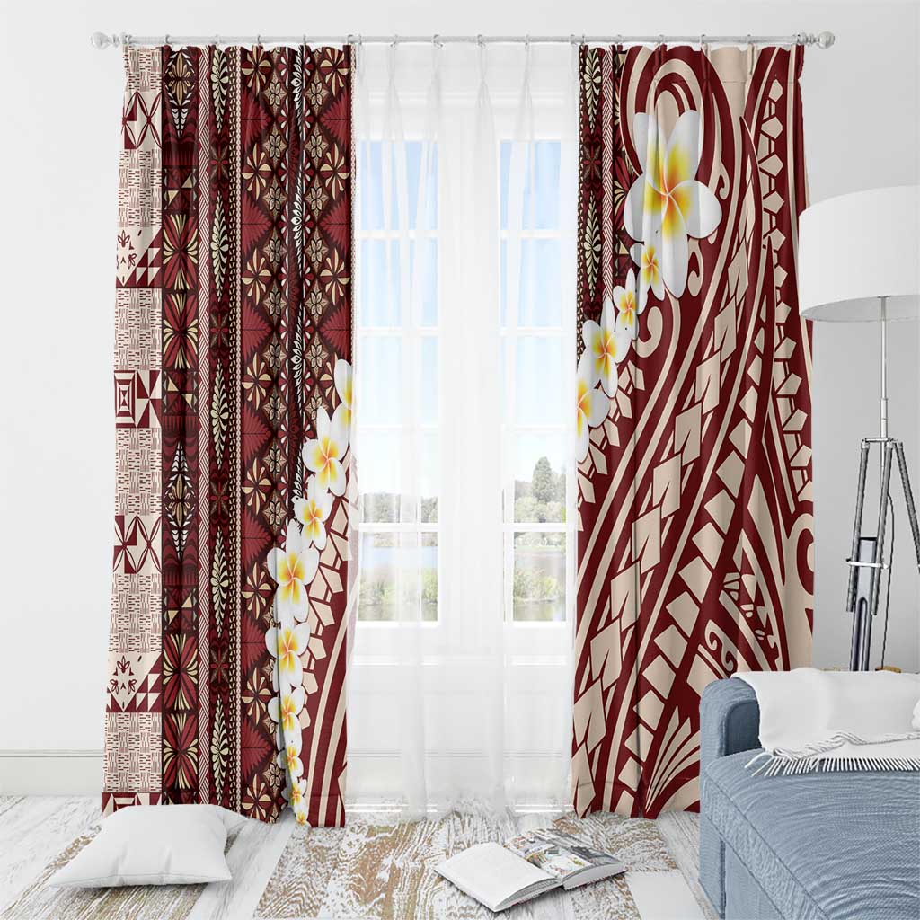 Red Vintage Tonga Ngatu Pattern With Plumeria Window Curtain LT05 - Polynesian Pride