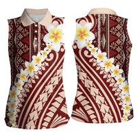 Red Vintage Tonga Ngatu Pattern With Plumeria Women Sleeveless Polo Shirt LT05 - Polynesian Pride