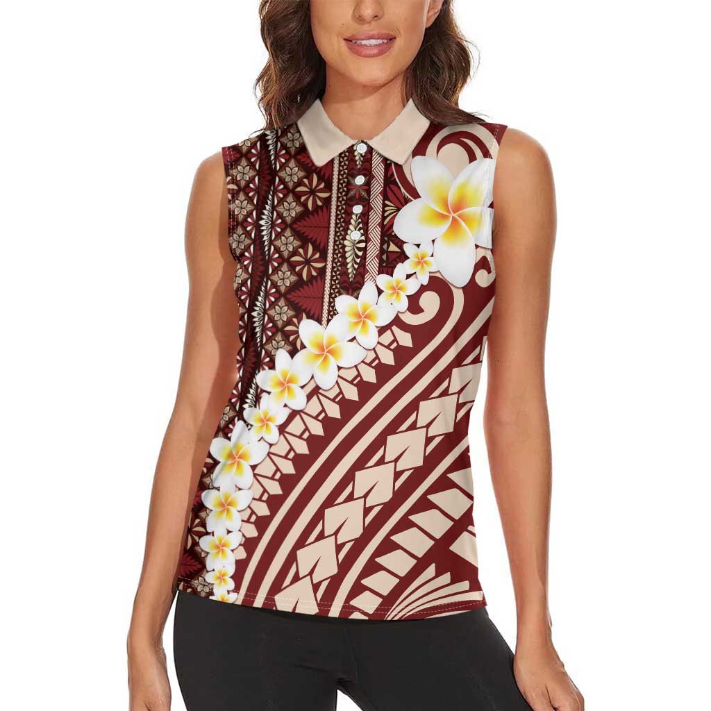 Red Vintage Tonga Ngatu Pattern With Plumeria Women Sleeveless Polo Shirt LT05 - Polynesian Pride