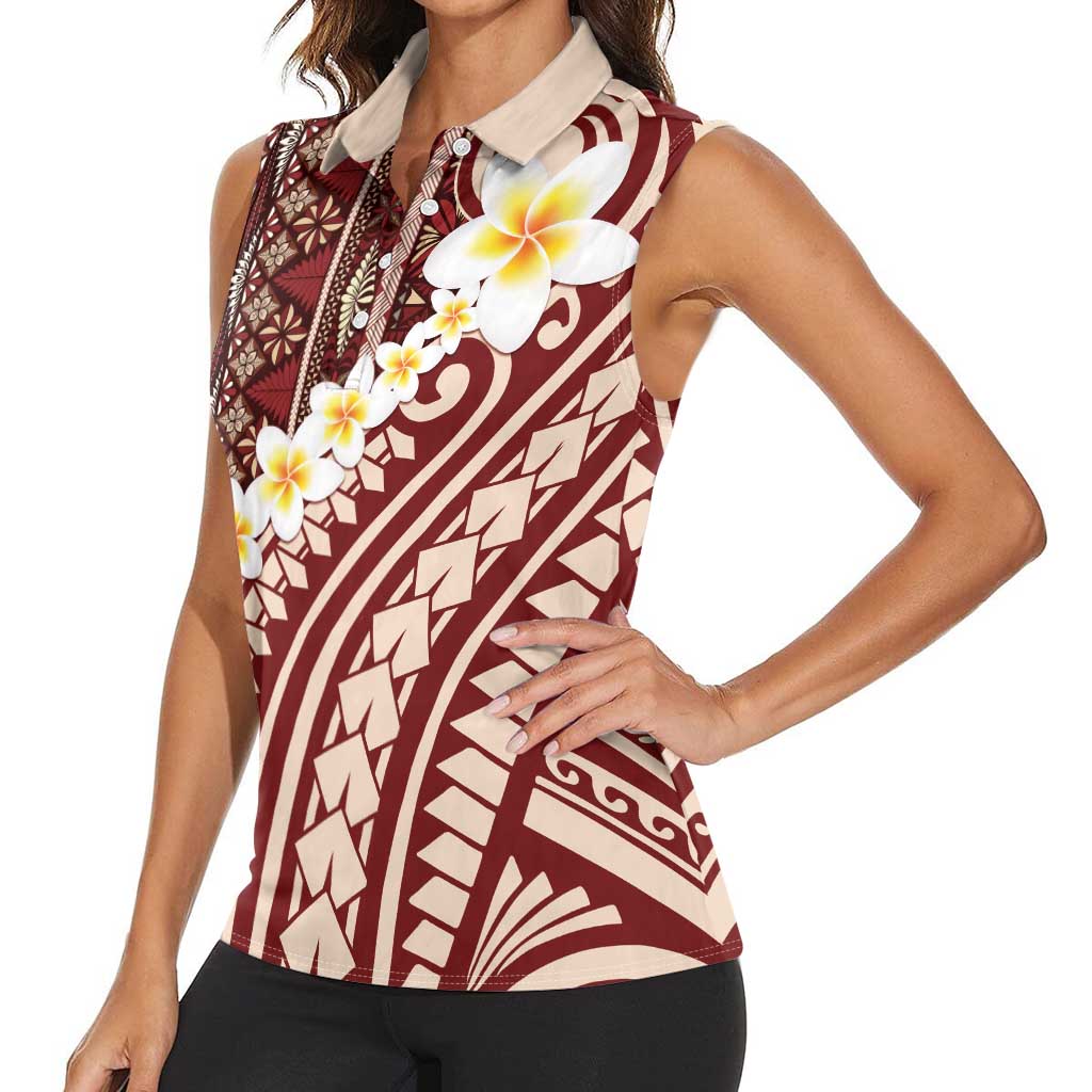 Red Vintage Tonga Ngatu Pattern With Plumeria Women Sleeveless Polo Shirt LT05 - Polynesian Pride