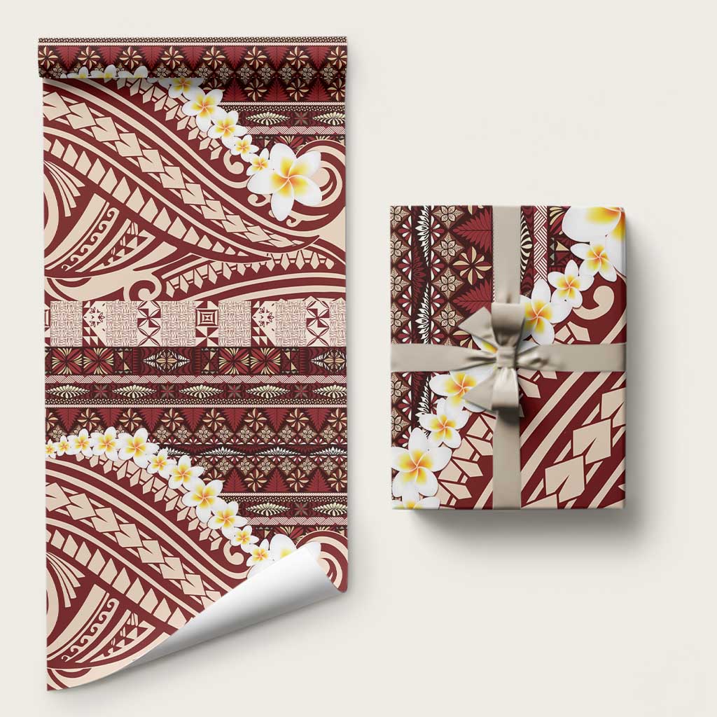 Red Vintage Tonga Ngatu Pattern With Plumeria Wrapping Paper