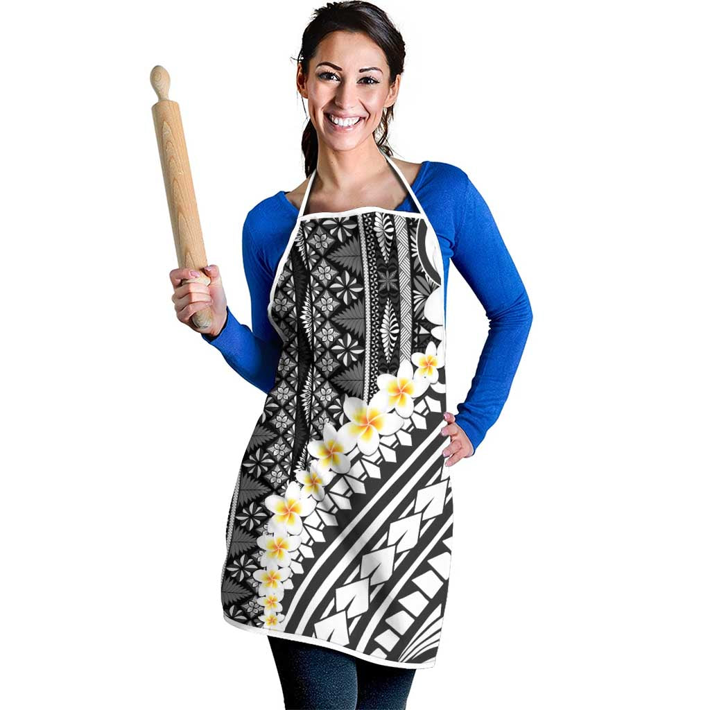 Black Vintage Tonga Ngatu Pattern With Plumeria Apron LT05 - Polynesian Pride
