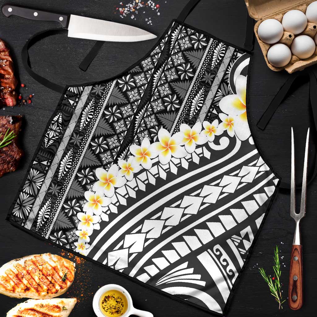 Black Vintage Tonga Ngatu Pattern With Plumeria Apron LT05 Black - Polynesian Pride