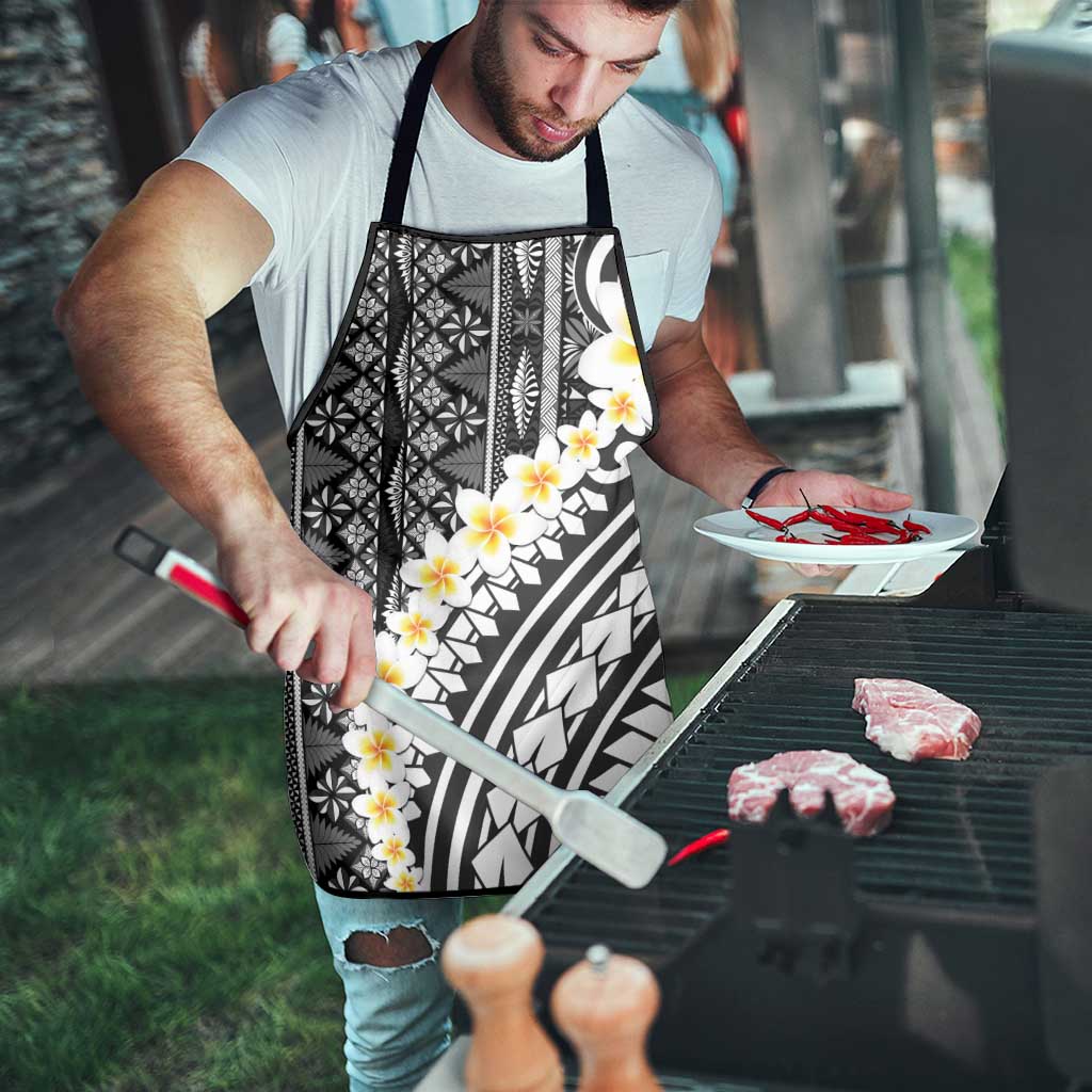 Black Vintage Tonga Ngatu Pattern With Plumeria Apron LT05 - Polynesian Pride
