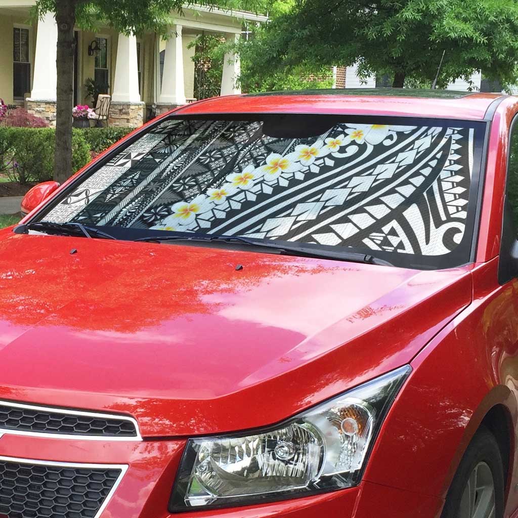 Black Vintage Tonga Ngatu Pattern With Plumeria Auto Sun Shade - Polynesian Pride