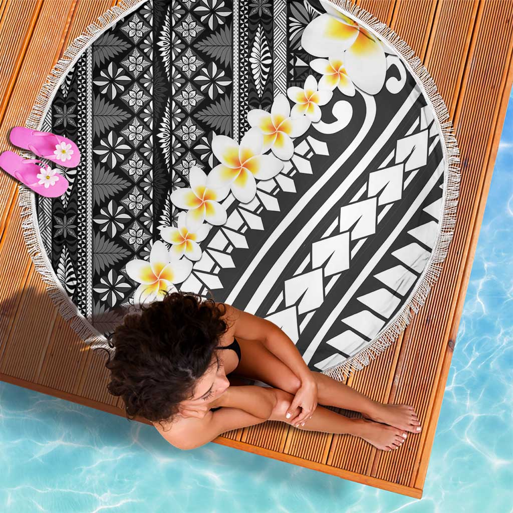Black Vintage Tonga Ngatu Pattern With Plumeria Beach Blanket LT05 - Polynesian Pride