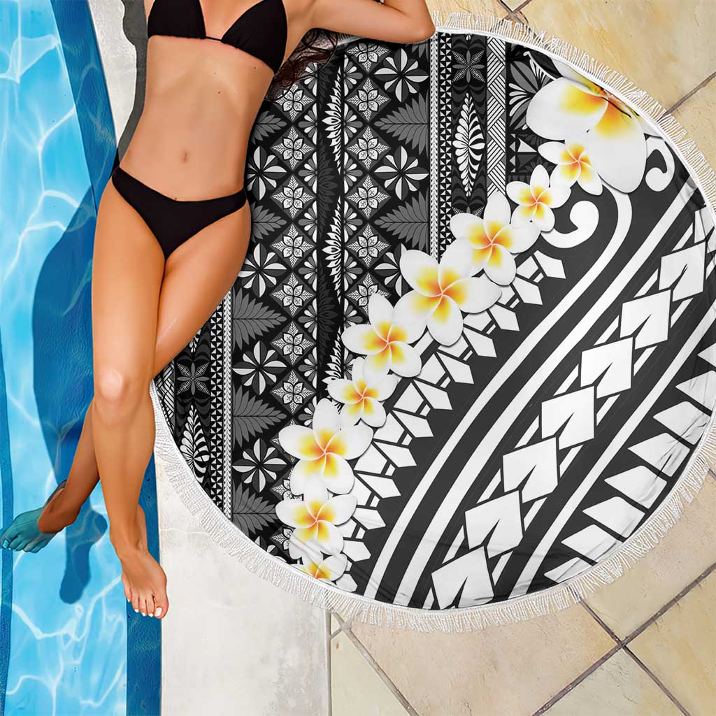 Black Vintage Tonga Ngatu Pattern With Plumeria Beach Blanket LT05 - Polynesian Pride