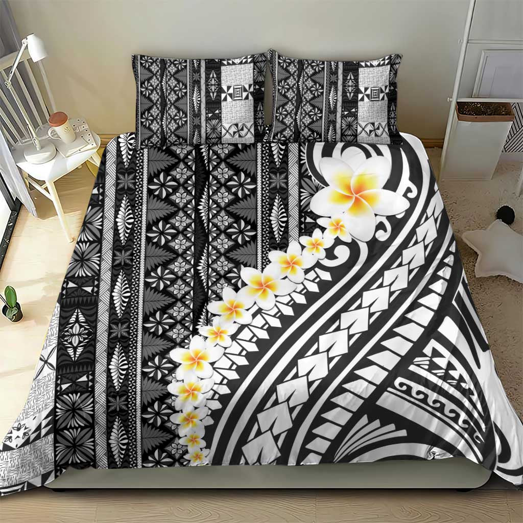 Black Vintage Tonga Ngatu Pattern With Plumeria Bedding Set LT05 - Polynesian Pride