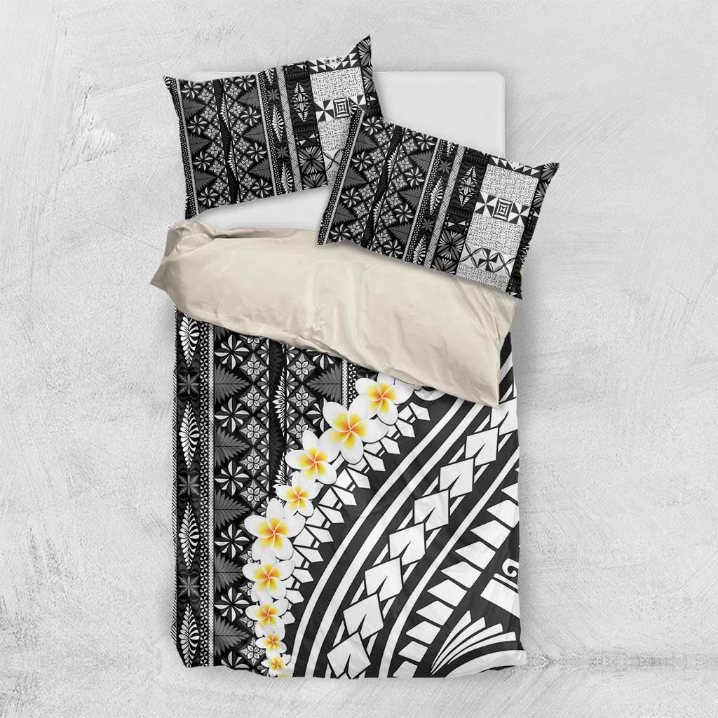 Black Vintage Tonga Ngatu Pattern With Plumeria Bedding Set LT05 US Twin 172cm x 218cm Black - Polynesian Pride