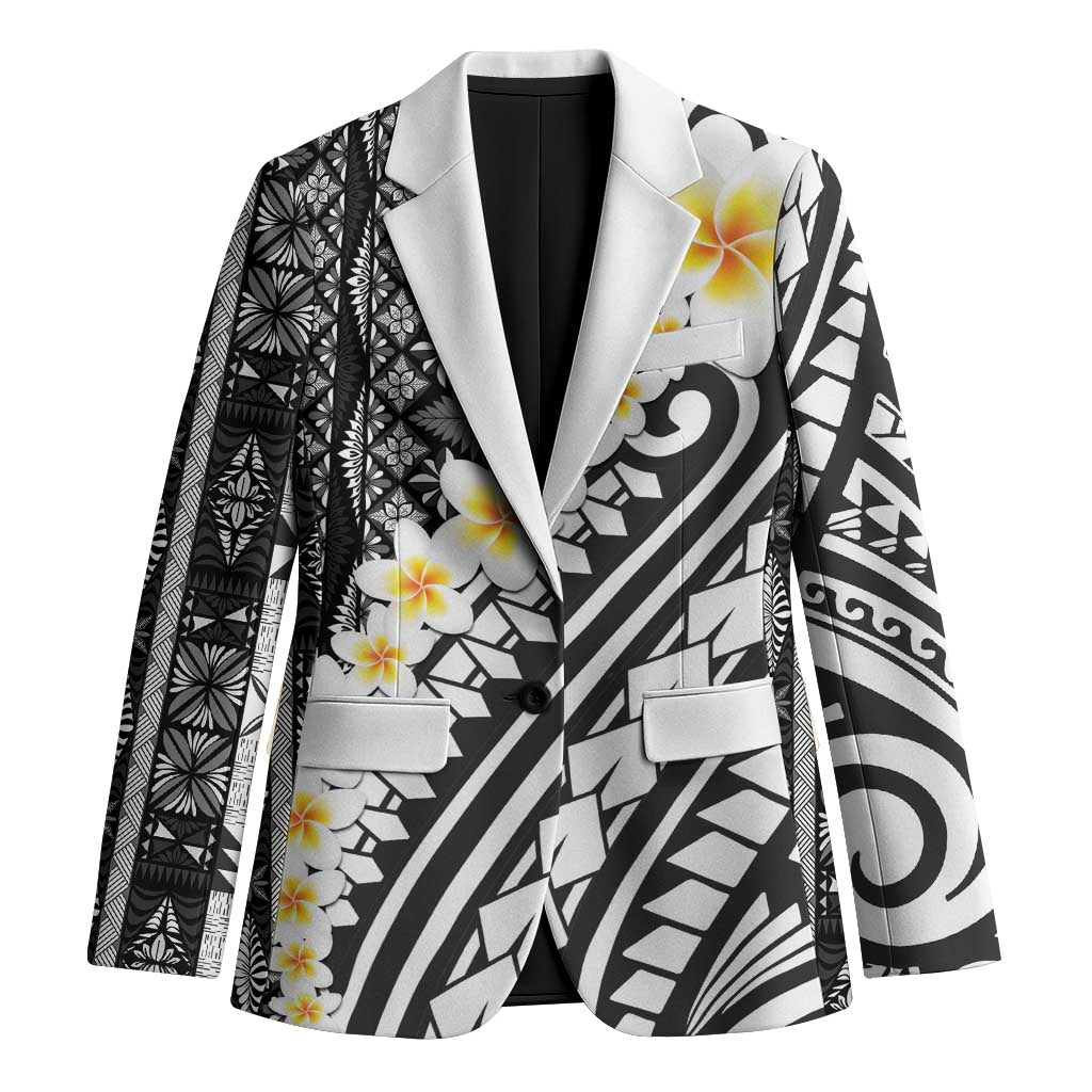 Black Vintage Tonga Ngatu Pattern With Plumeria Blazer LT05 Unisex Black - Polynesian Pride