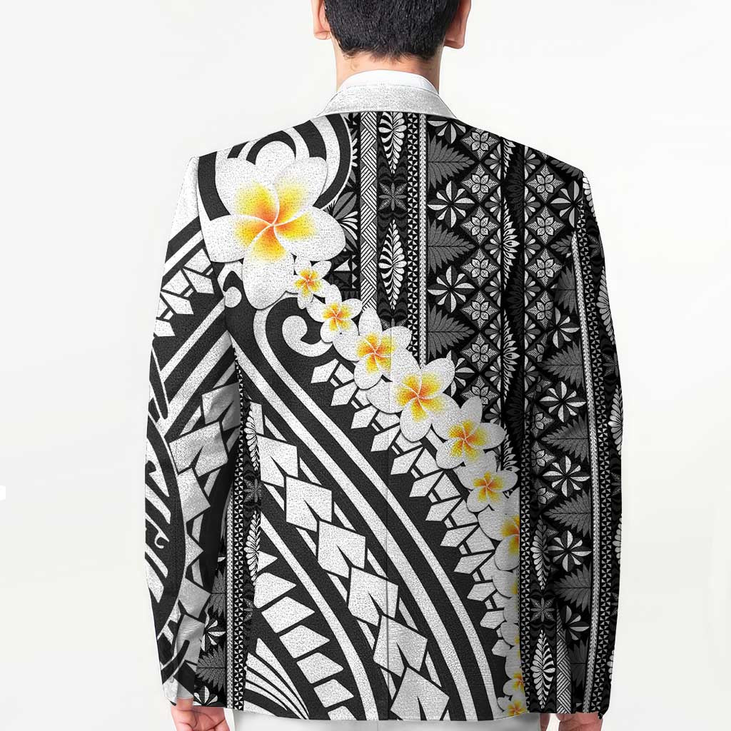 Black Vintage Tonga Ngatu Pattern With Plumeria Blazer LT05 - Polynesian Pride