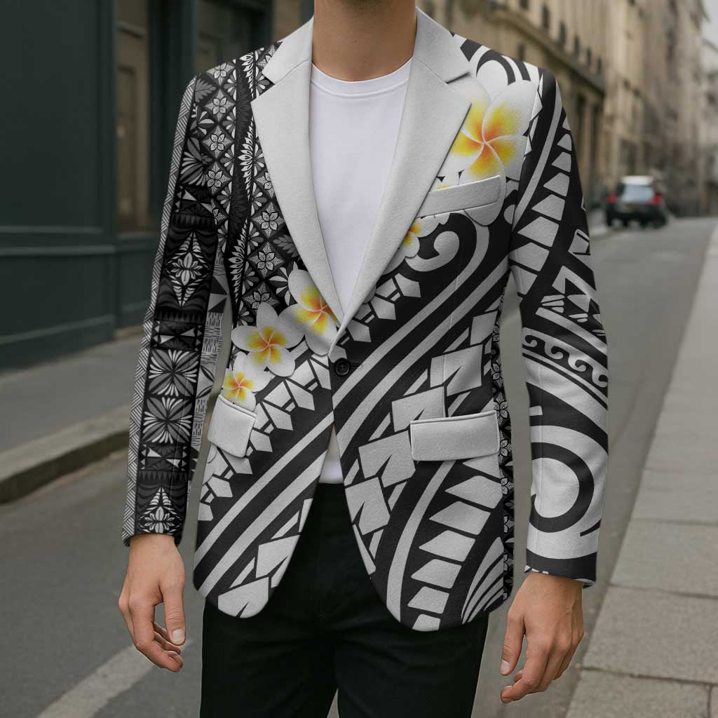 Black Vintage Tonga Ngatu Pattern With Plumeria Blazer LT05 - Polynesian Pride