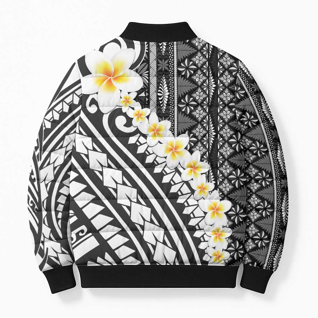 Black Vintage Tonga Ngatu Pattern With Plumeria Bomber Puffer Jacket LT05 - Polynesian Pride