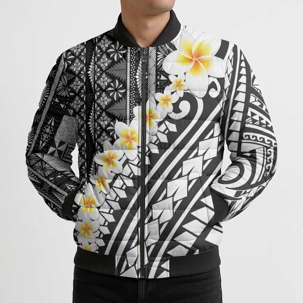 Black Vintage Tonga Ngatu Pattern With Plumeria Bomber Puffer Jacket LT05 - Polynesian Pride