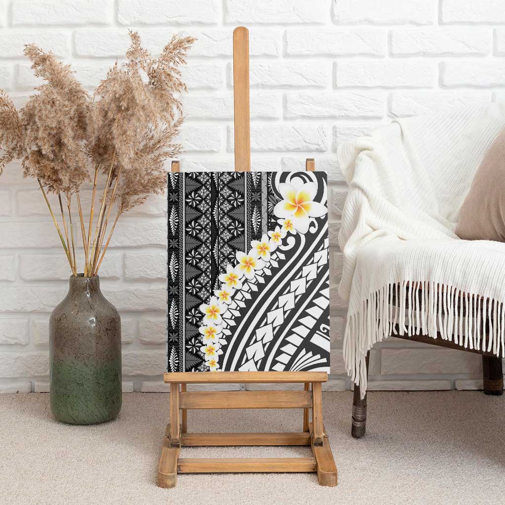 Black Vintage Tonga Ngatu Pattern With Plumeria Canvas Wall Art - Polynesian Pride
