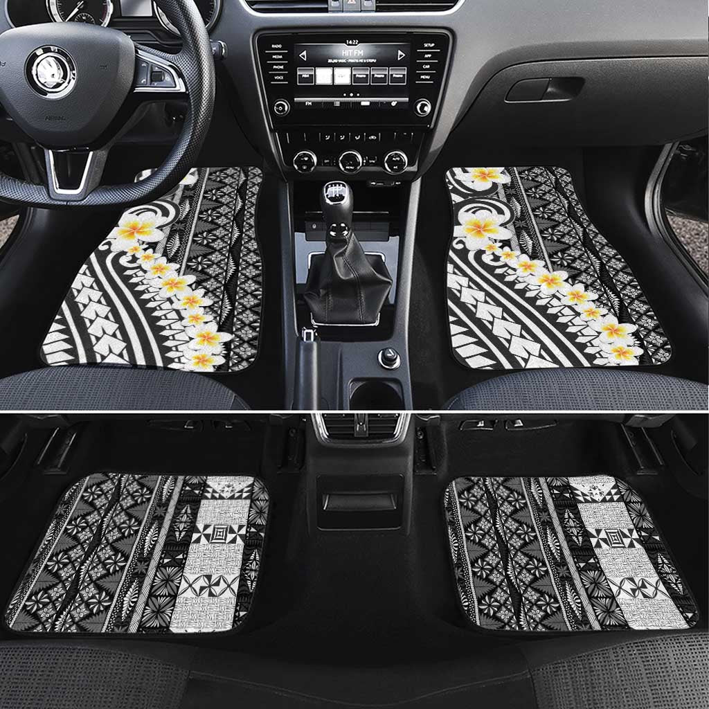 Black Vintage Tonga Ngatu Pattern With Plumeria Car Mats - Polynesian Pride