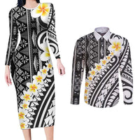 Black Vintage Tonga Ngatu Pattern With Plumeria Couples Matching Long Sleeve Bodycon Dress and Long Sleeve Button Shirt - Polynesian Pride