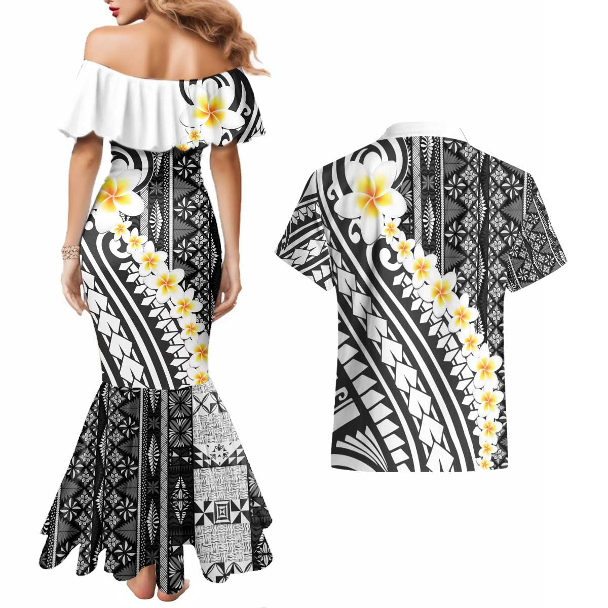 Black Vintage Tonga Ngatu Pattern With Plumeria Couples Matching Mermaid Dress and Hawaiian Shirt - Polynesian Pride