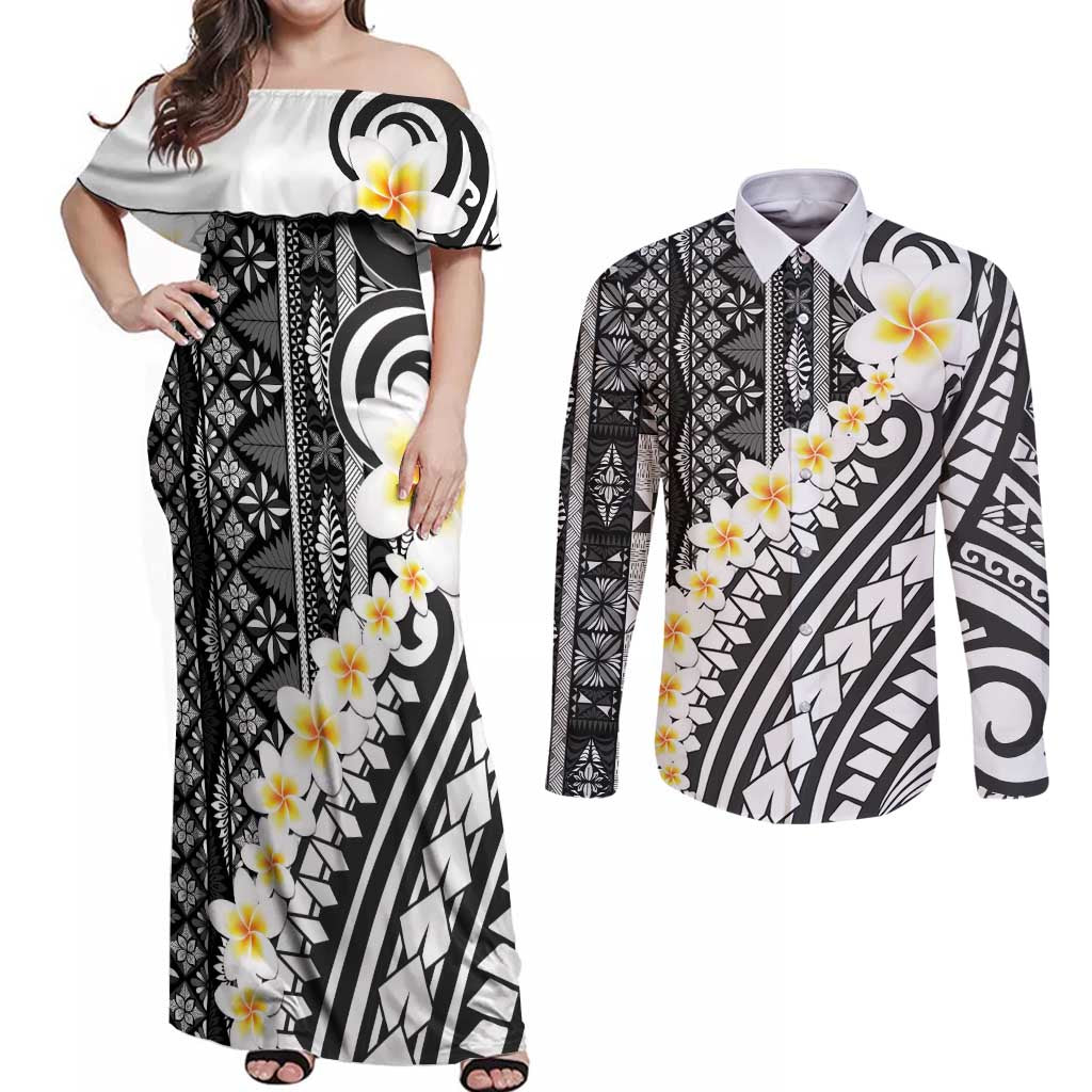 Black Vintage Tonga Ngatu Pattern With Plumeria Couples Matching Off Shoulder Maxi Dress and Long Sleeve Button Shirt LT05 Black - Polynesian Pride