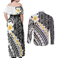 Black Vintage Tonga Ngatu Pattern With Plumeria Couples Matching Off Shoulder Maxi Dress and Long Sleeve Button Shirt LT05 - Polynesian Pride