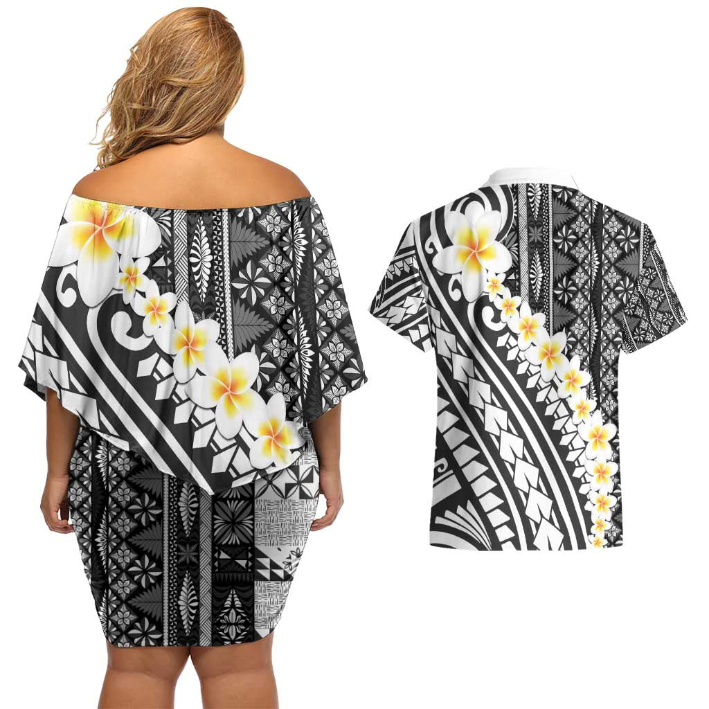 Black Vintage Tonga Ngatu Pattern With Plumeria Couples Matching Off Shoulder Short Dress and Hawaiian Shirt LT05 - Polynesian Pride