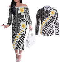 Black Vintage Tonga Ngatu Pattern With Plumeria Couples Matching Off The Shoulder Long Sleeve Dress and Long Sleeve Button Shirt LT05 Black - Polynesian Pride