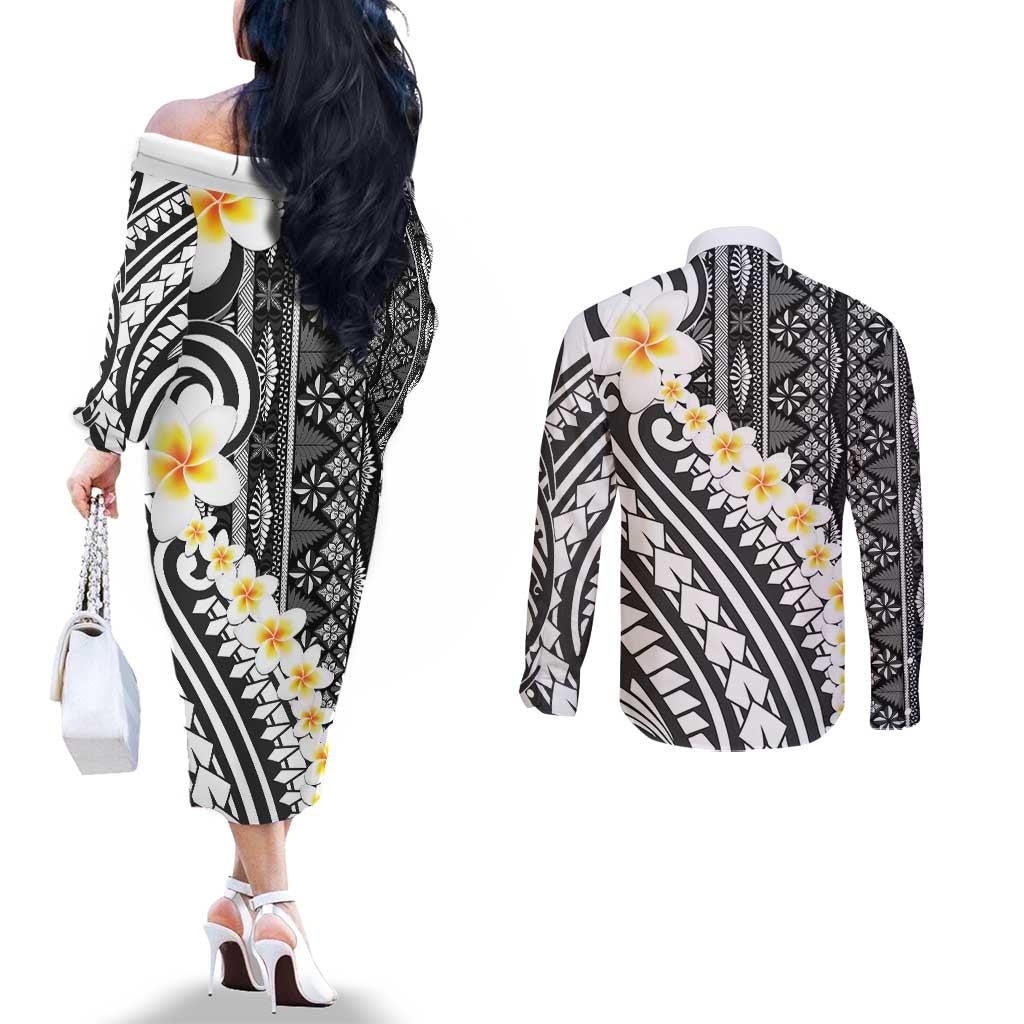 Black Vintage Tonga Ngatu Pattern With Plumeria Couples Matching Off The Shoulder Long Sleeve Dress and Long Sleeve Button Shirt LT05 - Polynesian Pride