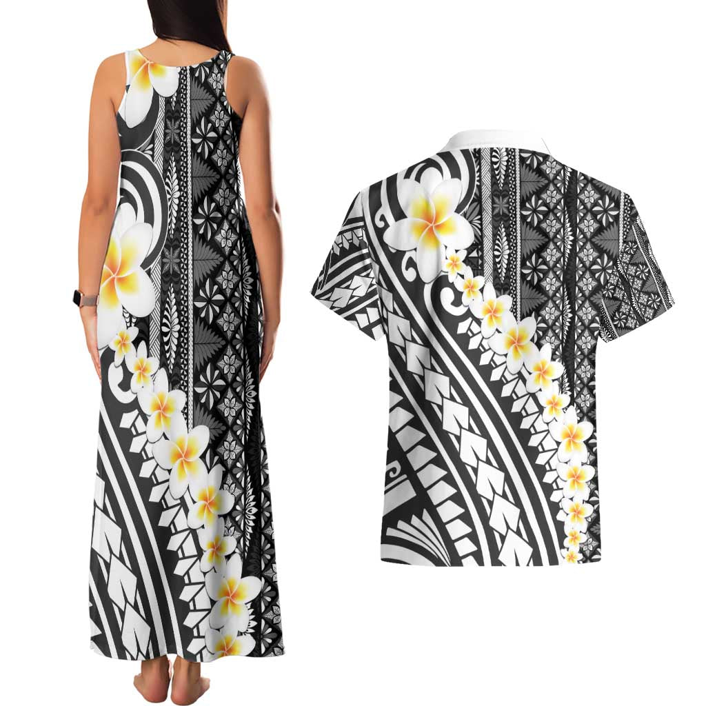 Black Vintage Tonga Ngatu Pattern With Plumeria Couples Matching Tank Maxi Dress and Hawaiian Shirt LT05 - Polynesian Pride